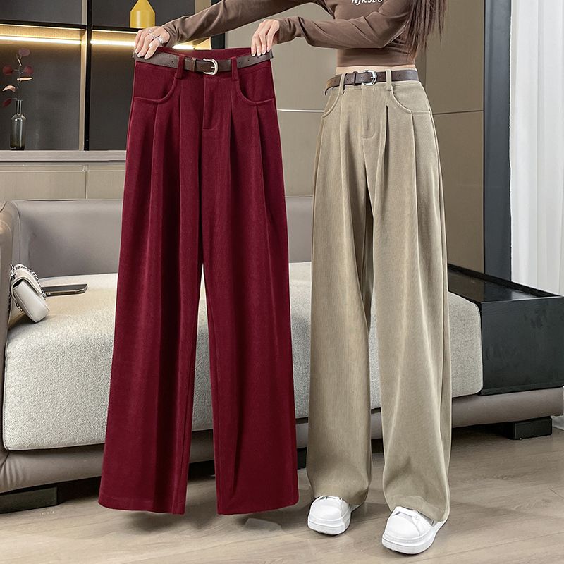 美拉德穿搭棕色瘦版阔腿裤雪尼尔加绒裤子女冬季小个子垂感直筒裤