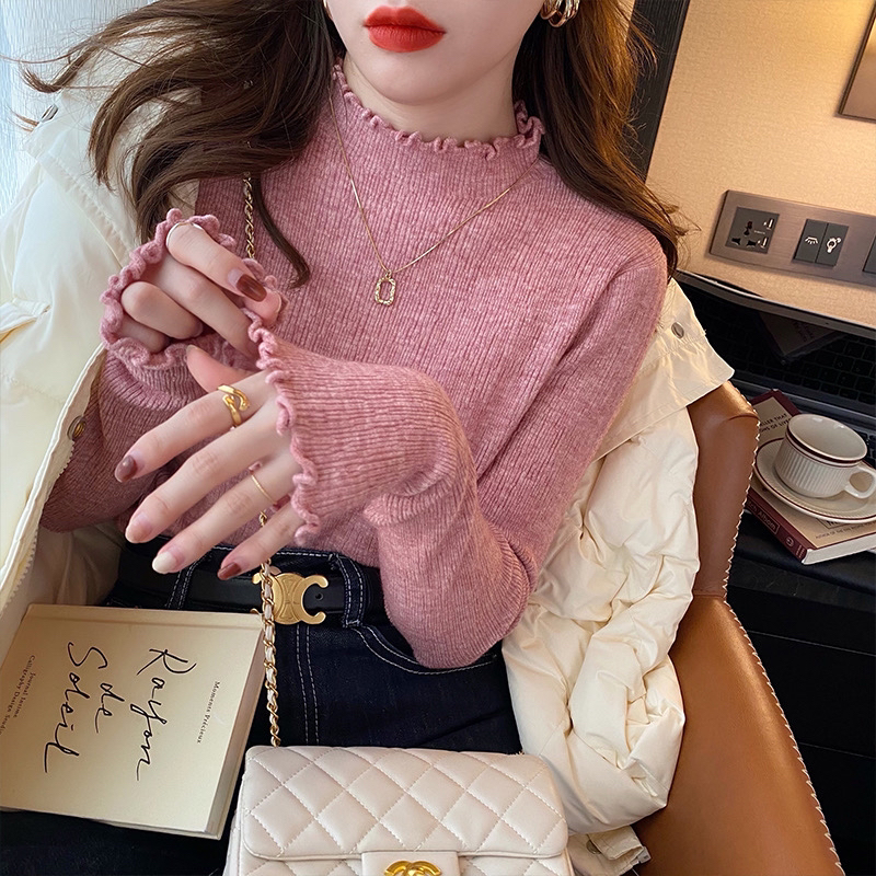 【现货】半高领木耳边2023新款女秋冬内搭针织打底衫长袖上衣洋优1