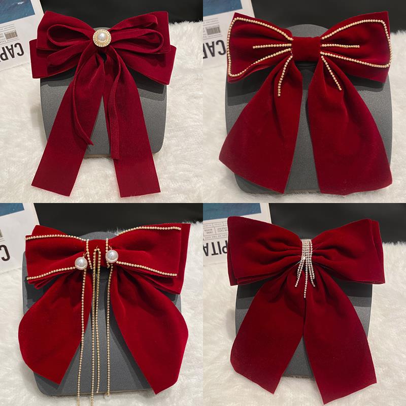 红色大蝴蝶结女中式新娘结婚订婚敬酒服头饰发饰发夹2023新款发卡