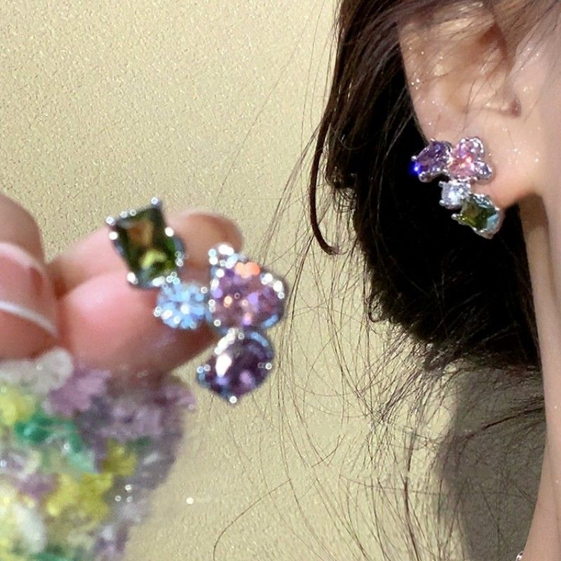合金耳饰 几何微镶彩色月光石耳钉轻奢高级感耳环2023新款耳饰女