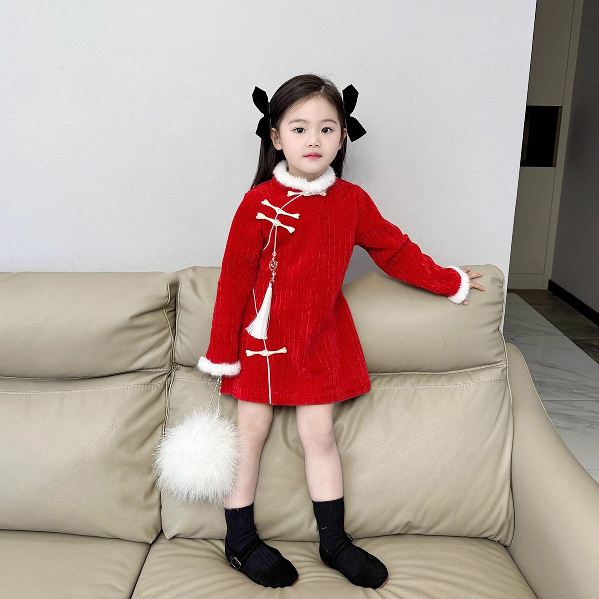 童装新中式旗袍裙冬季红盘扣拜年服中国风红色加绒连衣裙