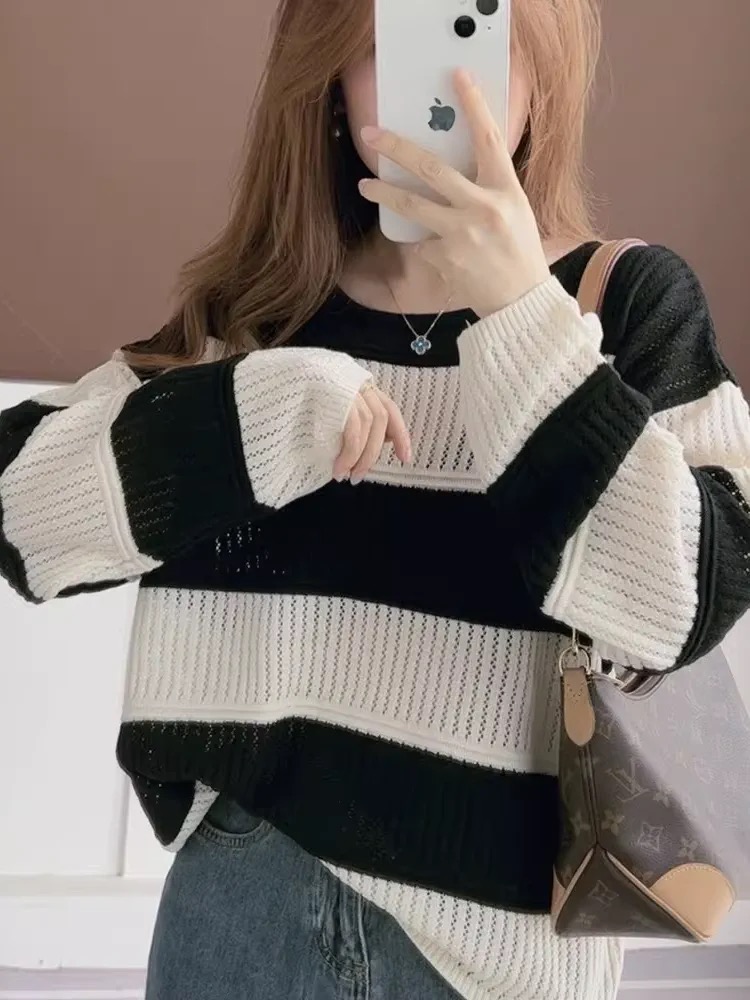 圆领衫春秋款初秋穿搭条纹针织衫长袖上衣女宽松套头遮肉时尚显瘦