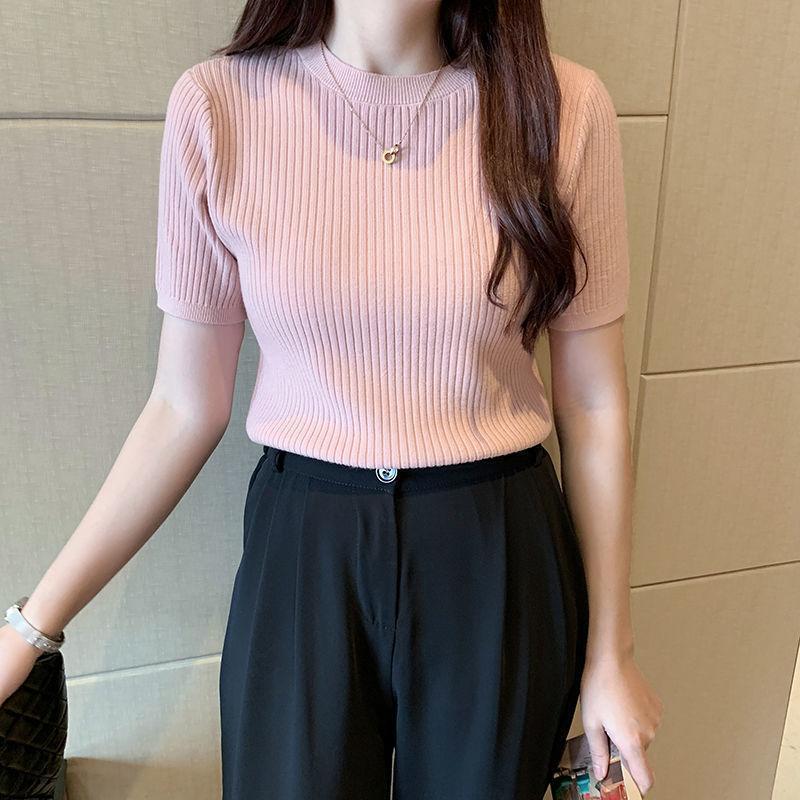 针织短袖年夏季新款修身针织衫女套头毛衣内搭短款圆领打底衫