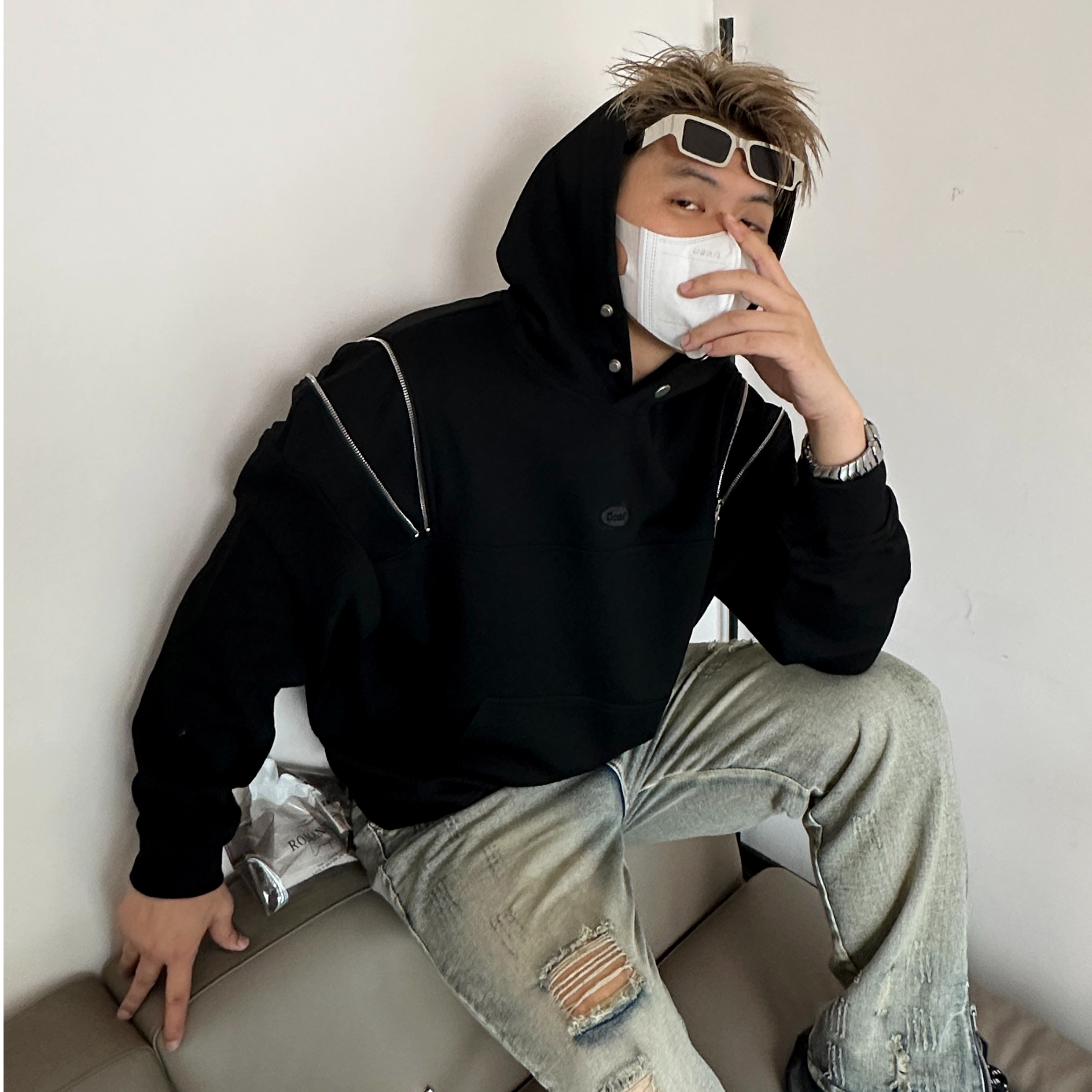 【大重码】秋冬 美式街头Ins拉链装饰潮酷宽松百搭休闲立领连帽卫衣