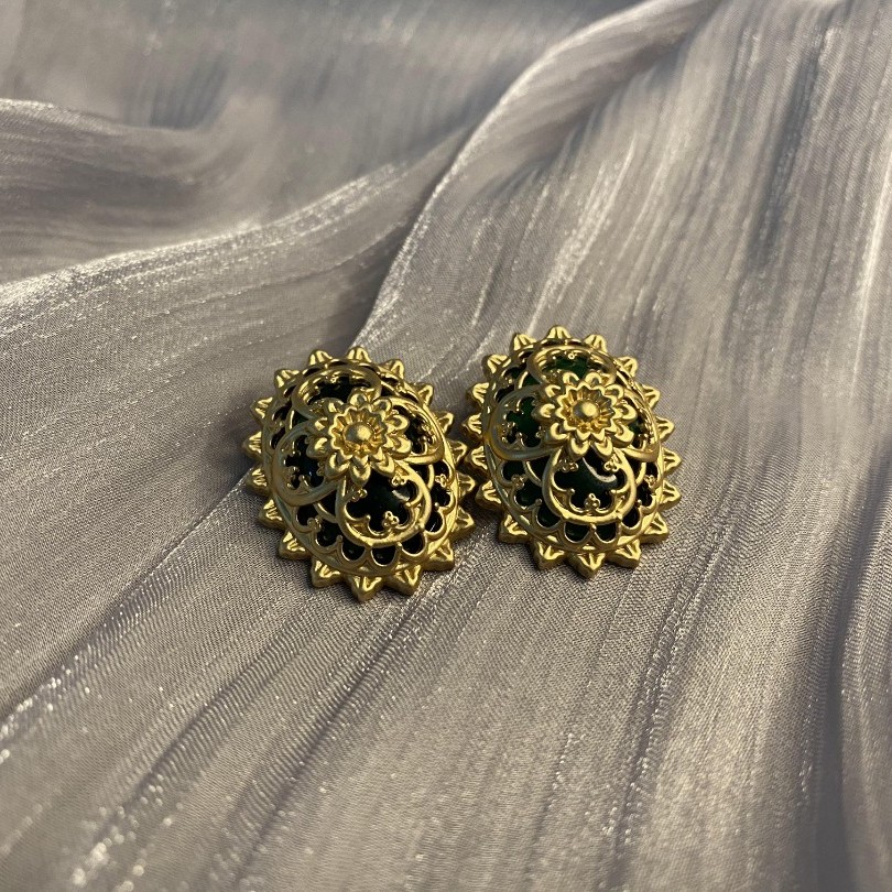 铜合金耳饰 透窗雕花复古重工vintage中古高级感耳钉R1302