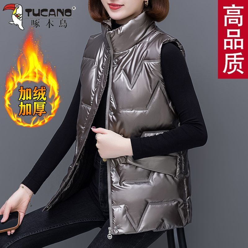 啄木鳥加绒加厚加厚马甲女秋冬季新款背心夹克外套妈妈外穿马夹
