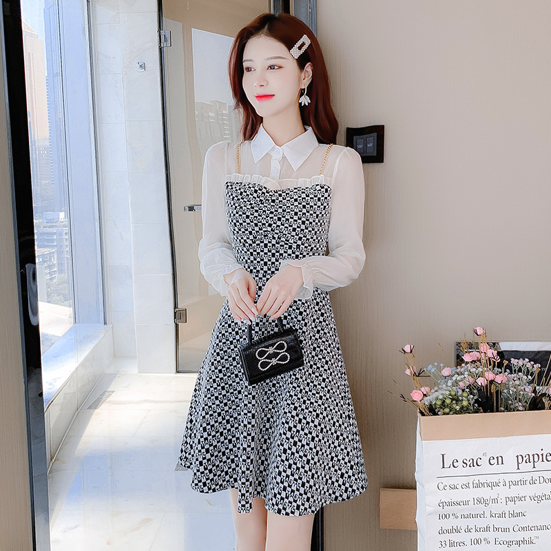 150cm155小个子2023秋季新款假两件减龄甜美时尚小香风气质连衣裙