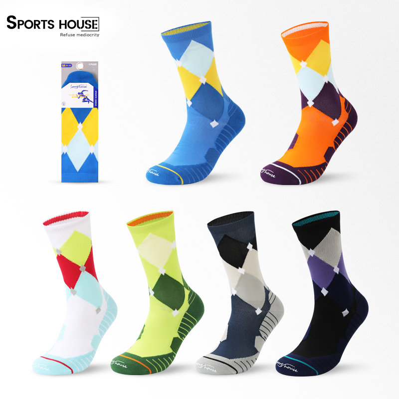 Sports House运动之家男士中筒排球袜毛巾底菱形格运动透气篮球袜