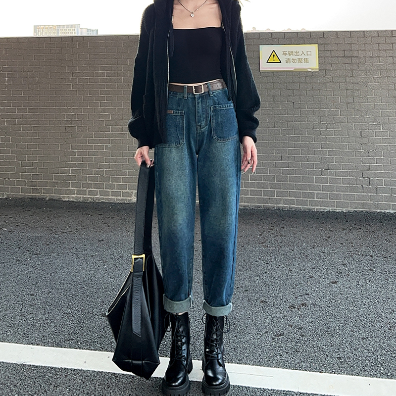 ZXL复古加绒直筒牛仔裤女2022年新款秋季高腰显显高瘦宽松老爹裤