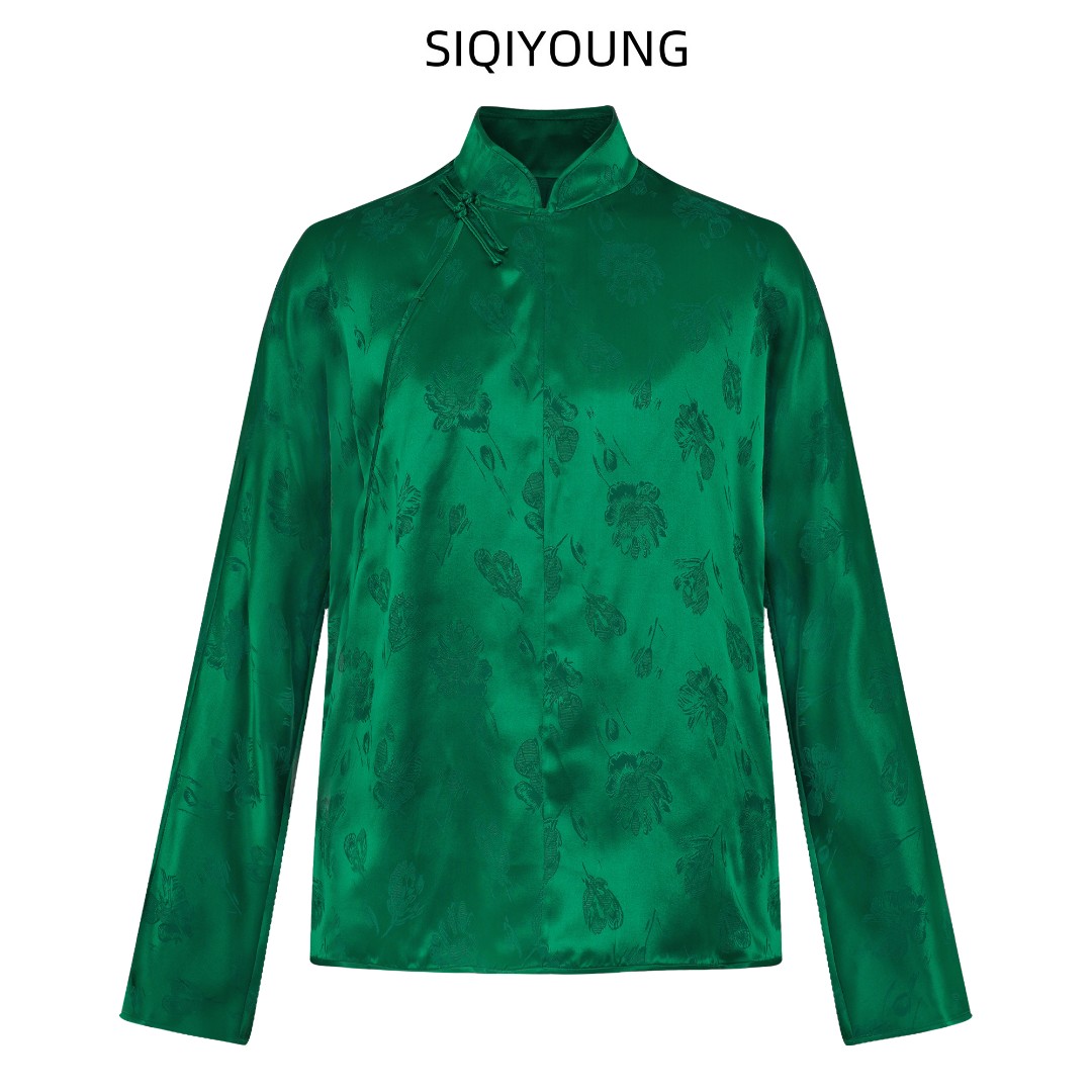 SIQIYOUNG【Maggie精选】 中式松柏绿斜襟盘扣刺绣上衣
