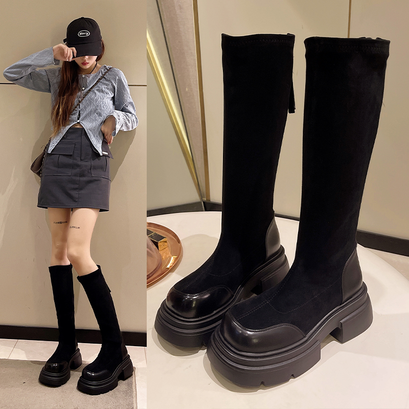 骑士靴女2023新款秋冬爆款小个子弹力粗跟高筒长筒中筒平底长靴子