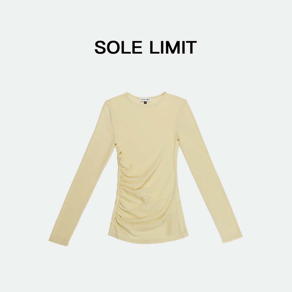 Solelimit不规则抽褶长袖衫褶皱设计精致女士圆领长袖T恤打底衫