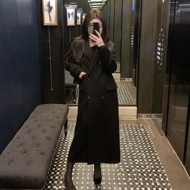 2023秋冬加绒加厚毛呢外套女长款过膝韩式赫本高个子西装呢子大衣