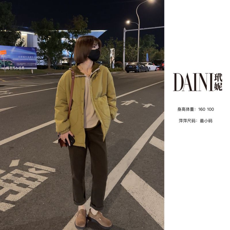 【萍萍推荐】秋冬季圆领按扣双口袋休闲面包服时尚中长款衬衫袖棉服