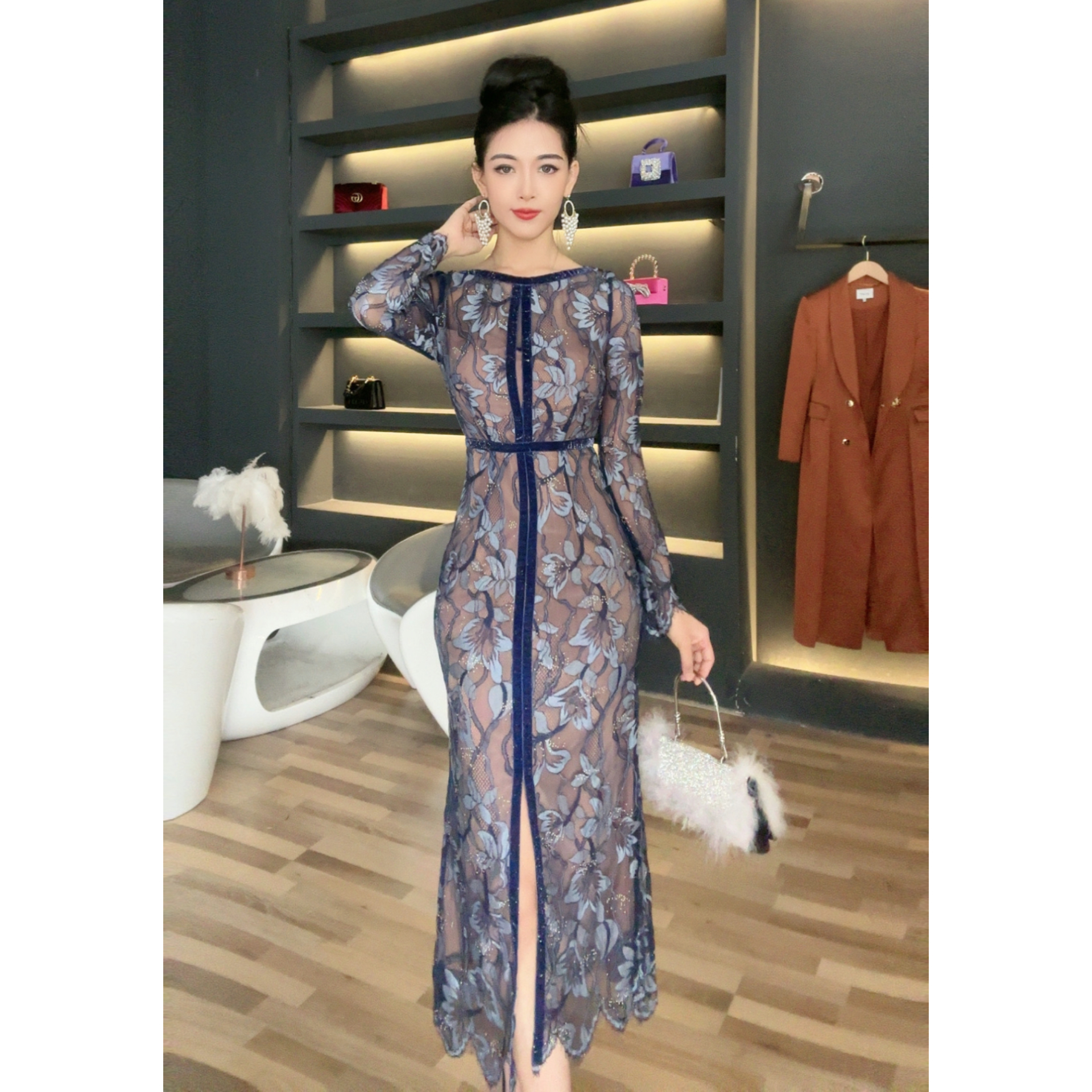 七爷定制 国内设计师品牌 复古显瘦修身收腰气质长袖连衣裙20770