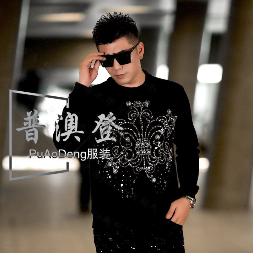 普澳登服装 2023秋季男士新款灯心花烫钻时尚修身百搭卫衣5132