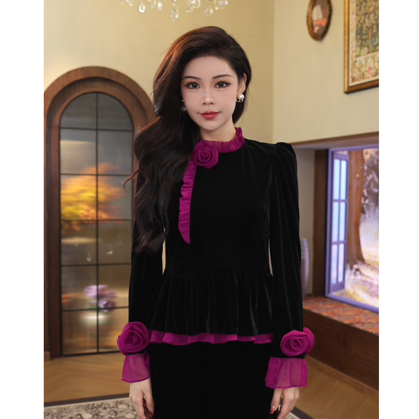 六六姐【黑金贵族】秋季新款轻奢百搭时尚显瘦复古黑色丝绒上衣女