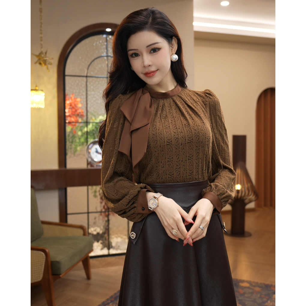 六六姐【DD-937】秋季新款气质小众高级感紫色水溶蕾丝显瘦上衣女