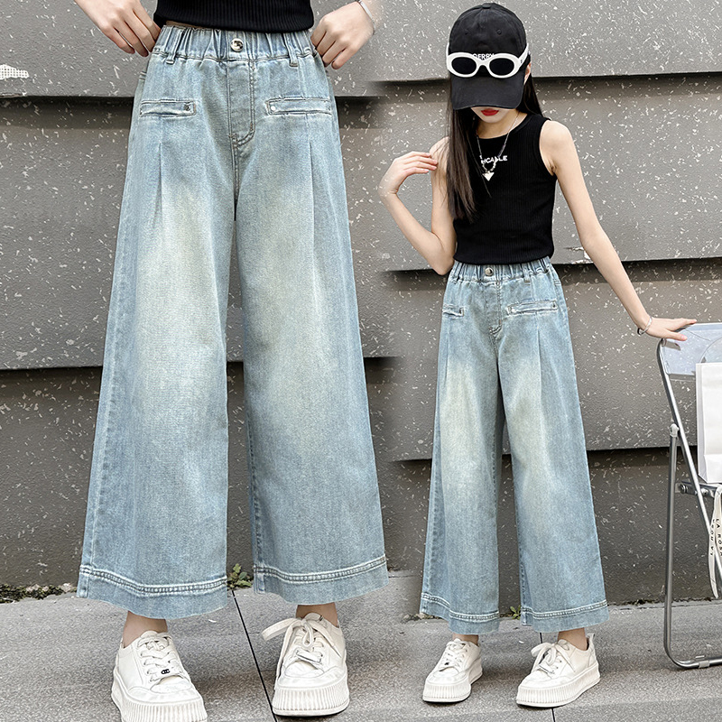 女童夏季薄款仿天丝牛仔裤中大童直筒裤儿童宽松休闲九分阔腿裤子