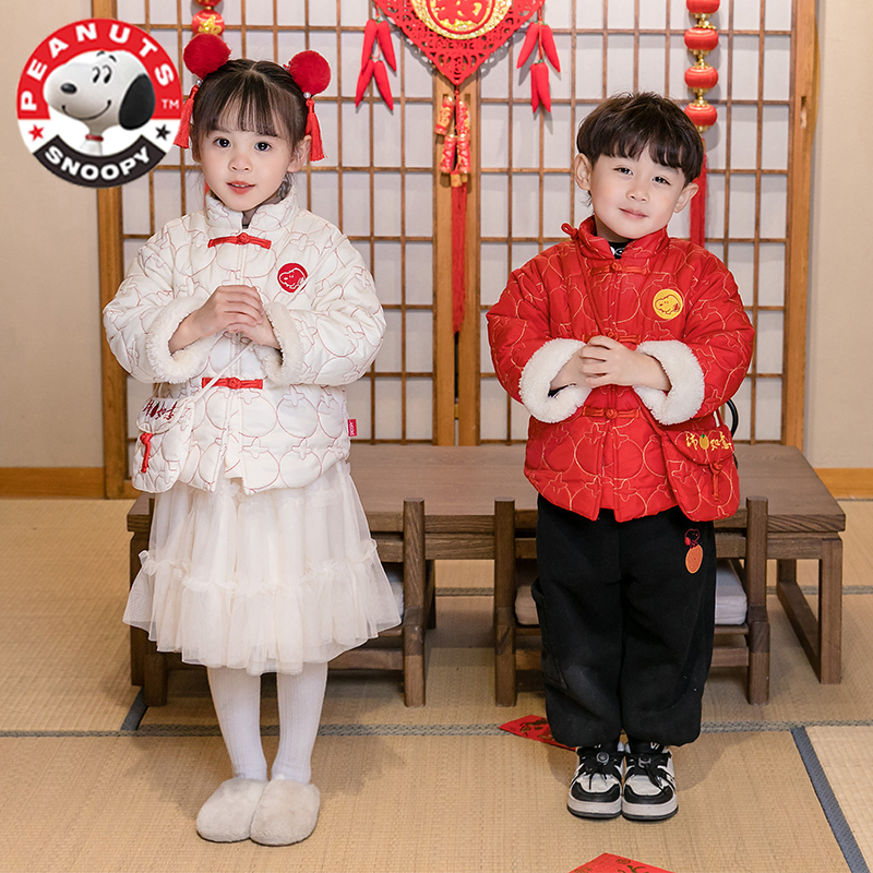 史努比男女童冬装加厚绣花保暖儿童中国风新年棉服宝宝冬季外套潮