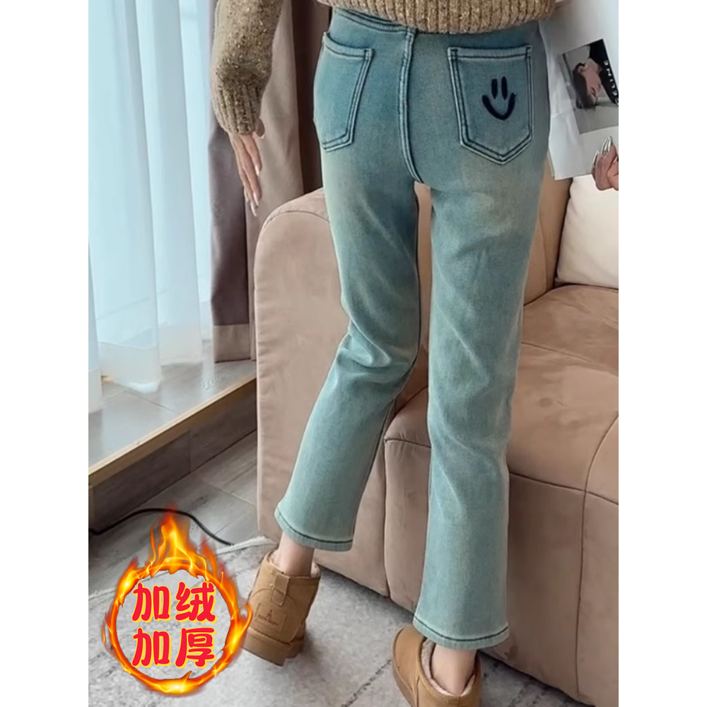 笑脸刺绣牛仔烟管裤女冬季2023新款加绒加厚大码显瘦高腰直筒裤子