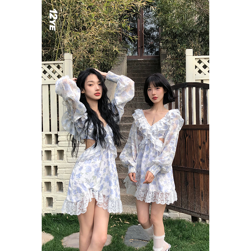 【12YE】茶歇复古V领碎花显瘦长袖荷叶边连衣裙