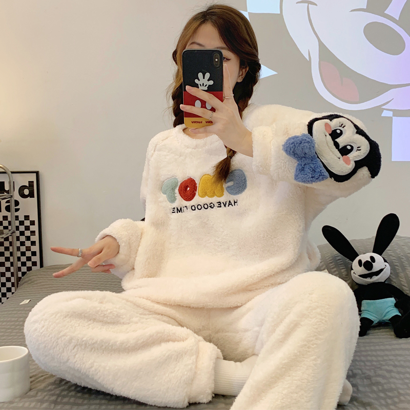 法兰绒睡衣女秋冬季加厚加绒圆领套装珊瑚绒学生宿舍家居服可外穿