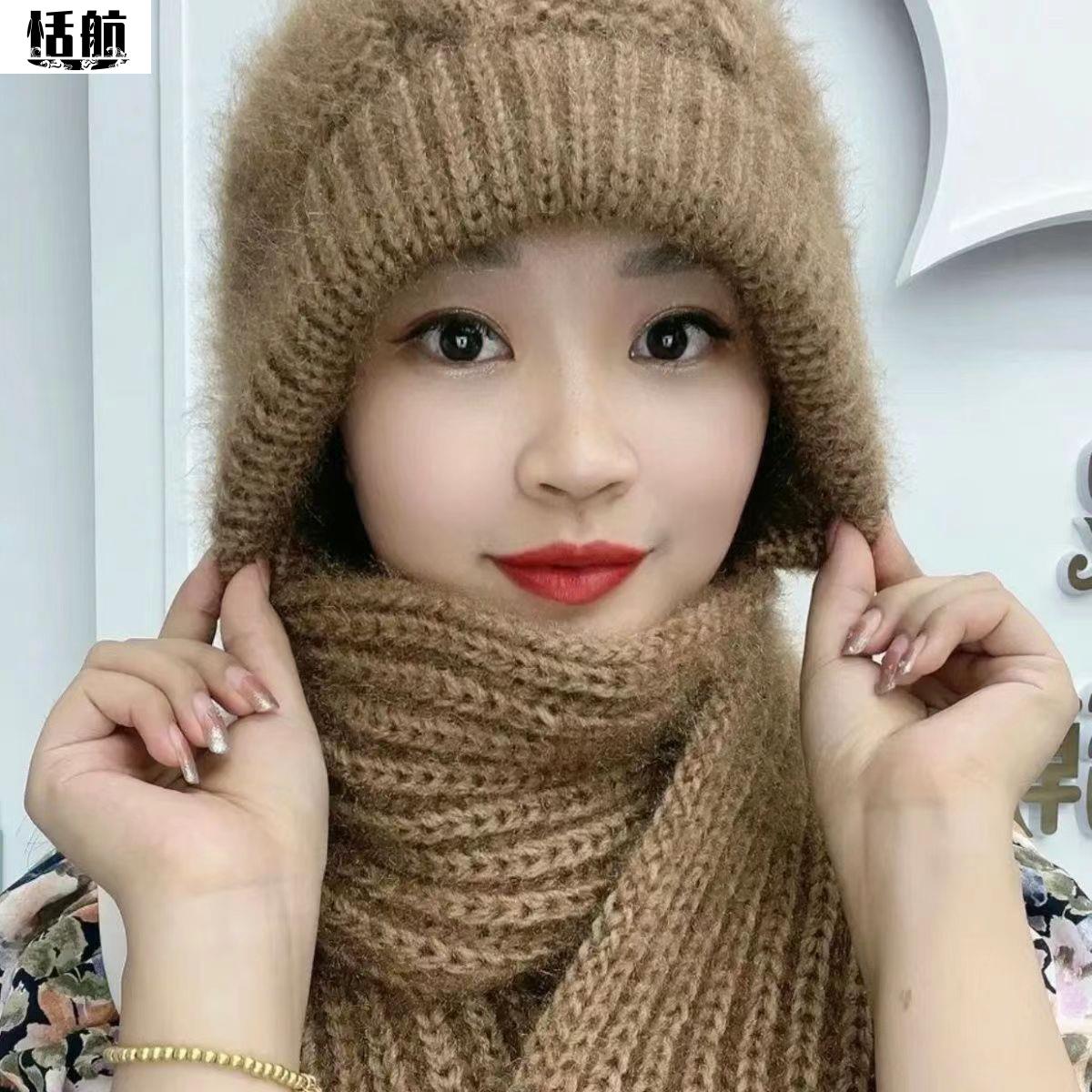 帽子围巾一体加绒加厚风雪帽秋冬新款加厚加绒毛线针织保暖日用套