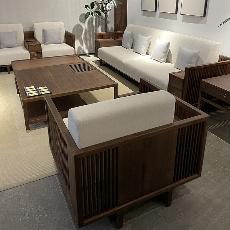 北美黑胡桃木实木新中式沙发组合布艺简约客厅小户型家用禅意家具