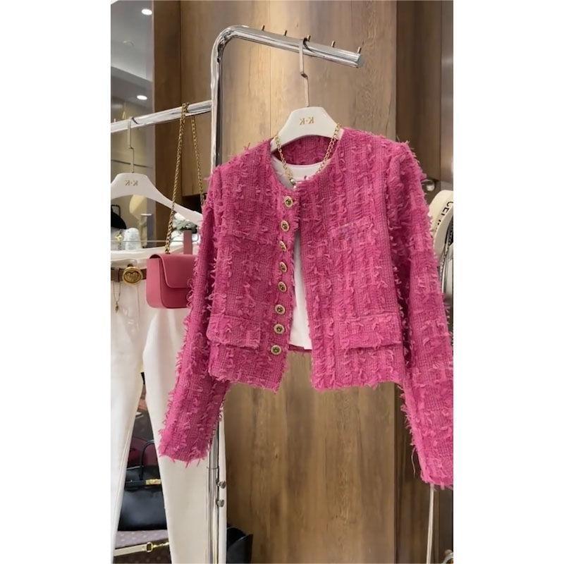 22006时尚百搭小香风小众高级感玫红色短款外套女春季2023年新款