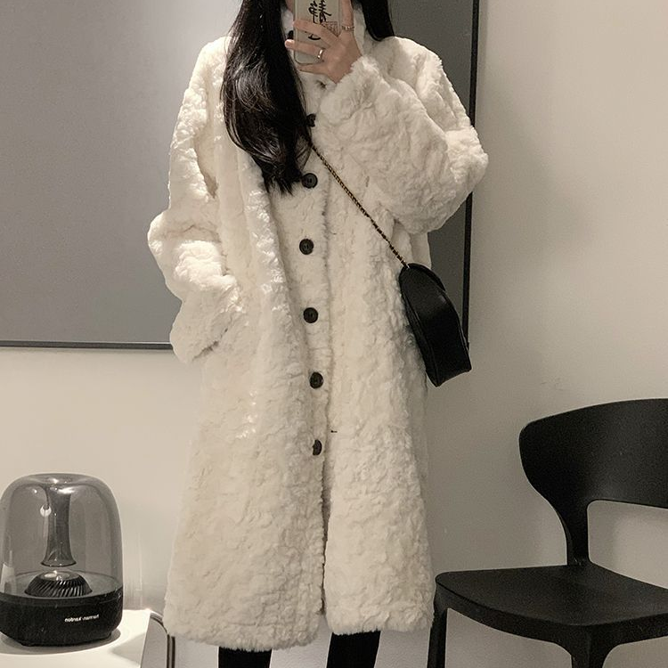 仿羊羔毛外套女长款大衣过膝秋冬新款加厚百搭加厚宽松立领YY9208