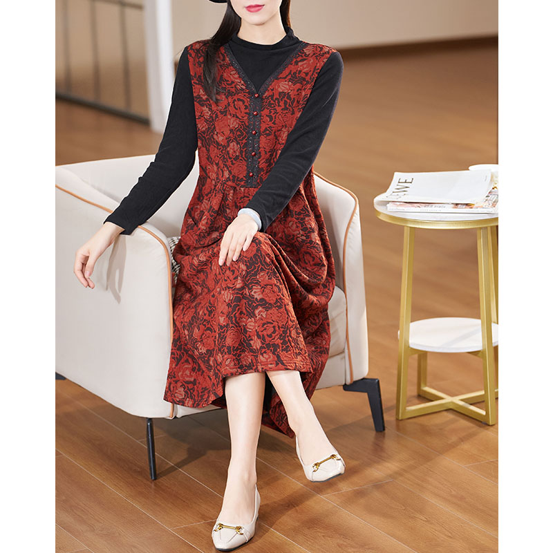 迪欧芙2023冬季新款气质高级感重工提花假两件连衣裙女#DLQ15766