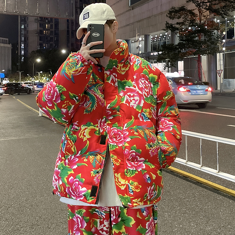 冬季立领东北大花棉袄加厚男女情侣网红棉衣国潮红中国风超火外套