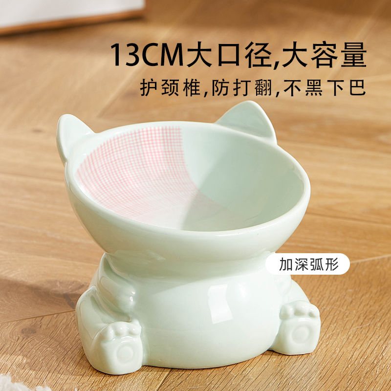 陶瓷猫碗黑色水碗猫食盆猫粮碗狗碗宠物碗大口径护颈椎高脚斜口