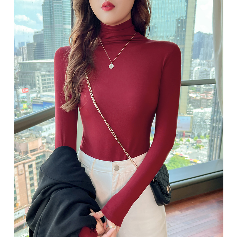 莫代尔堆堆领上衣女秋冬新款百搭修身内搭纯色打底衫洋气显瘦长袖