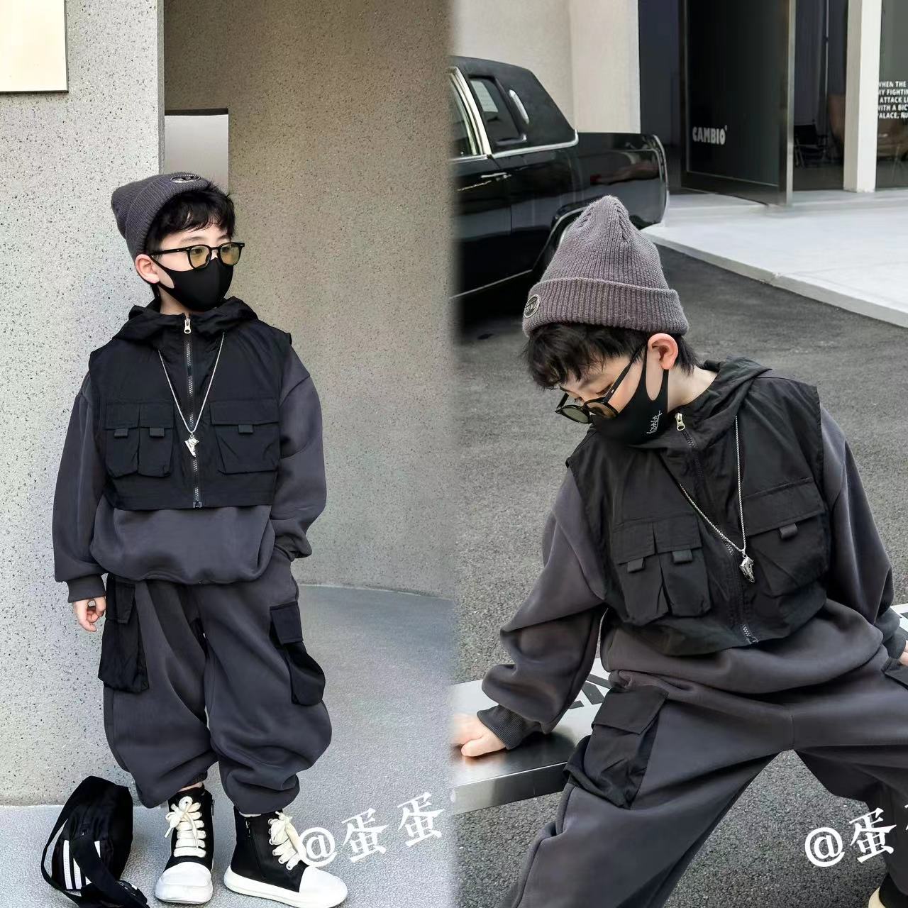 蛋蛋家【不买后悔】冬季新款儿童加绒灰色工装风马甲三件套外套套装