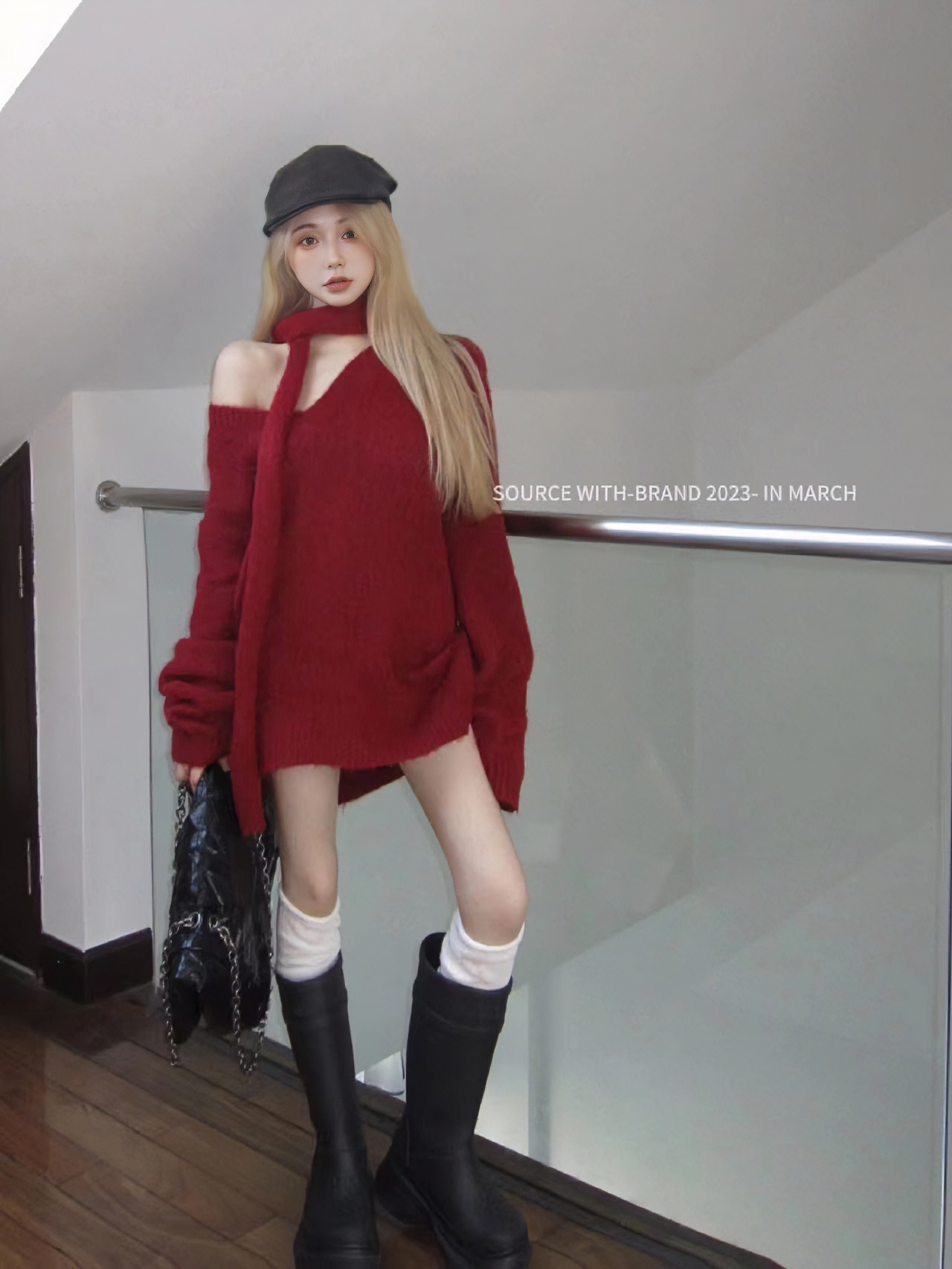 红色v领软糯套头毛衣女秋冬复古慵懒风针织衫宽松路肩中长款上衣