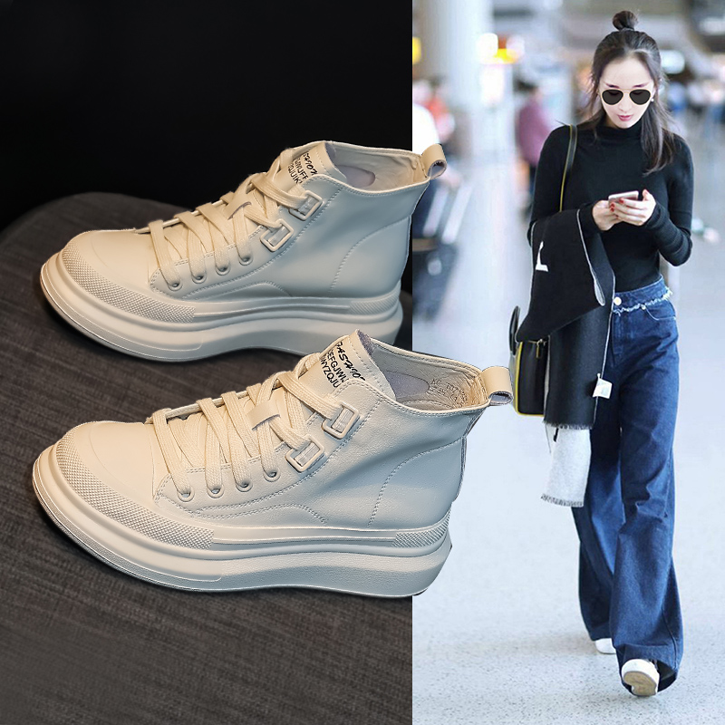 真皮高帮鞋女2023秋冬季新款内增高运动时尚休闲松糕板鞋KC107130