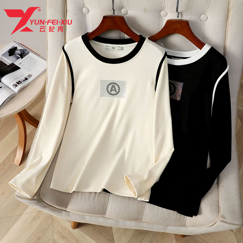 云妃秀大码女装T恤宽松圆领拼接时尚打底休闲百搭显瘦上衣12021