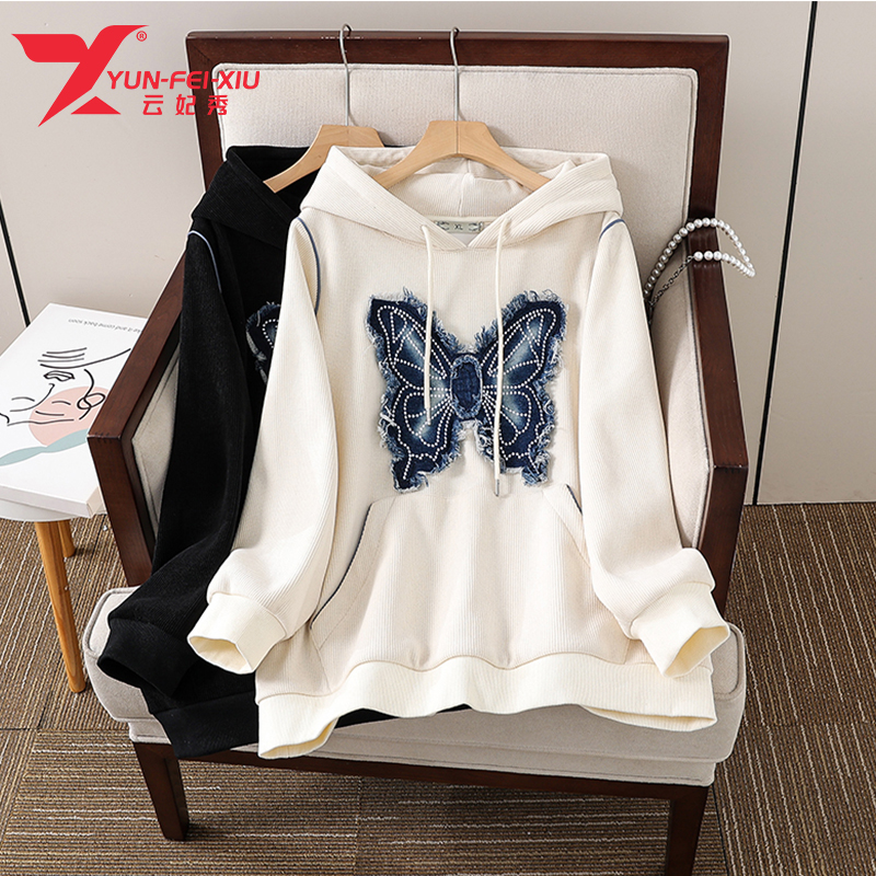 云妃秀大码女装卫衣加绒时尚休闲胖MM宽松显瘦气质蝴蝶连帽12703
