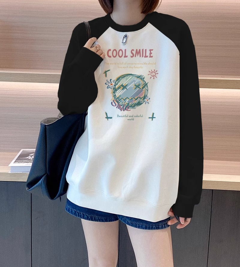 藏蓝色宽松美式撞色插肩圆领卫衣女2023秋冬新款欧货大码高端外套