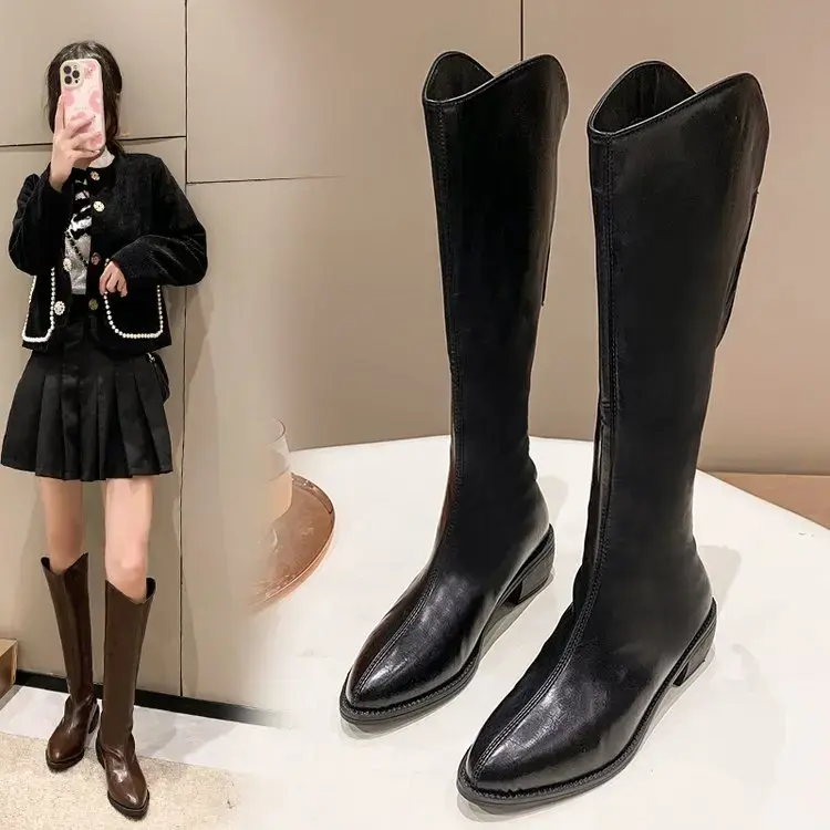 时尚复古尖头长筒靴女2023秋冬保暖网红高筒显瘦百搭骑士长靴