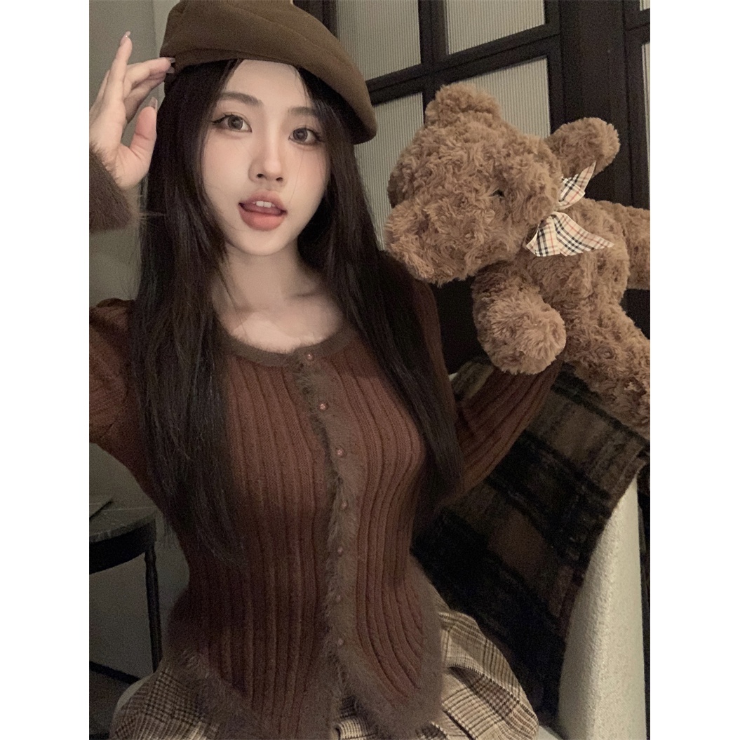 秋冬独特别致甜辣软糯绒毛毛衣针织打底开衫女设计感修身长袖上衣