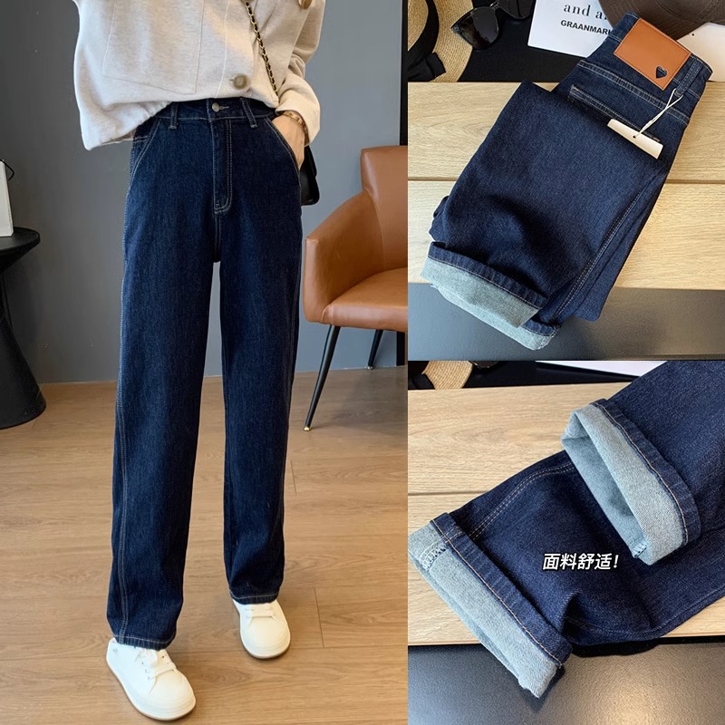 秋款大码胖妹妹mm复古直筒牛仔裤女梨形身材显瘦设计感拖地阔腿裤