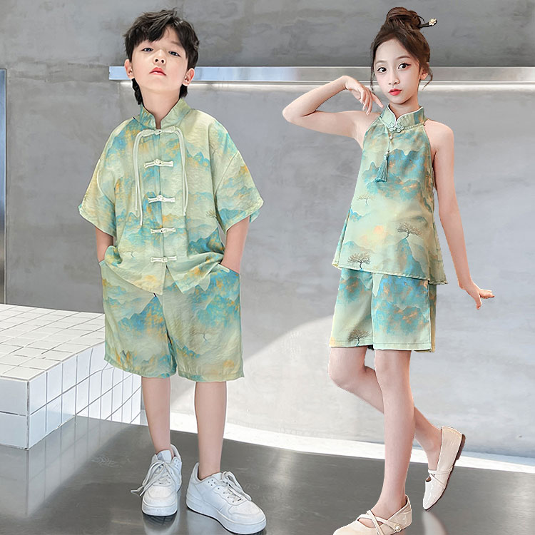 男 童兄妹装汉服夏季短袖衬衫2024新款姐弟装水彩画晕染渐变套装