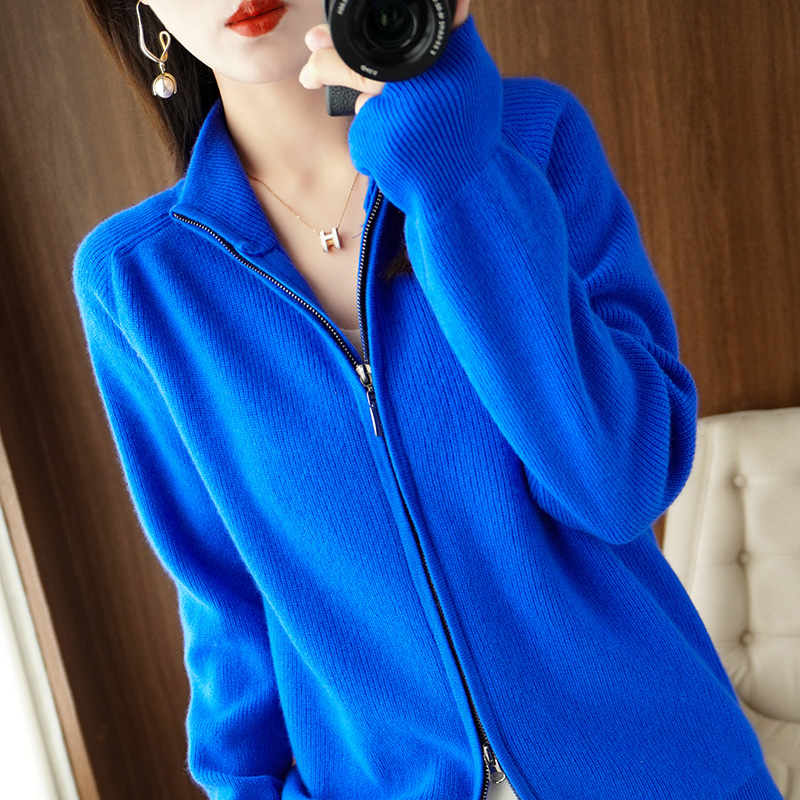 立领拉链纯羊毛开衫女休闲气质毛衣外套加厚秋冬新款针织羊绒外搭