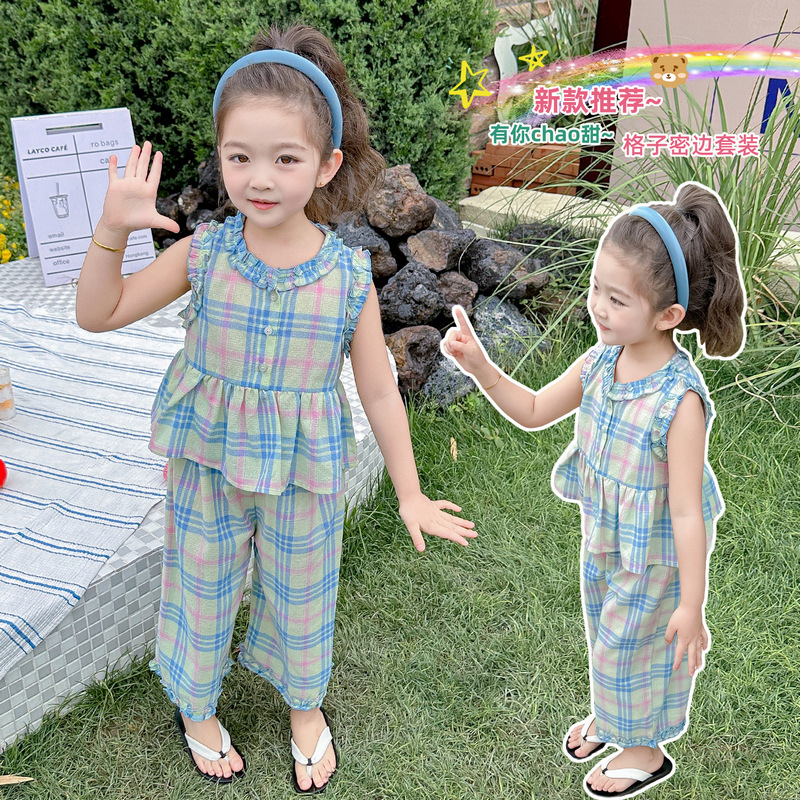 女童洋气格子套装夏季儿童网红时尚薄款女孩宝宝无袖时尚夏款韩版