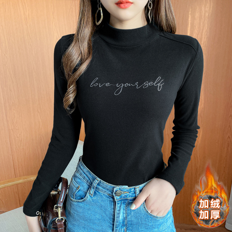 德绒保暖衣外穿打底衫女长袖中高领绣花百搭T恤修身女装上衣女士