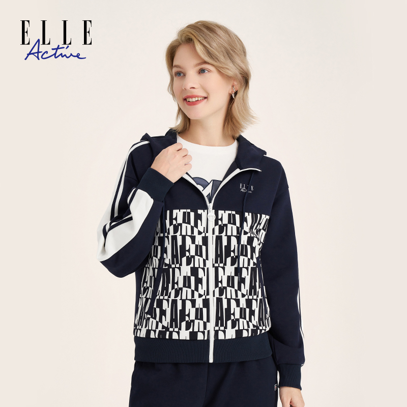 ELLE Active 新款连帽外套女士百搭宽松休闲通勤时尚运动黑色外衣