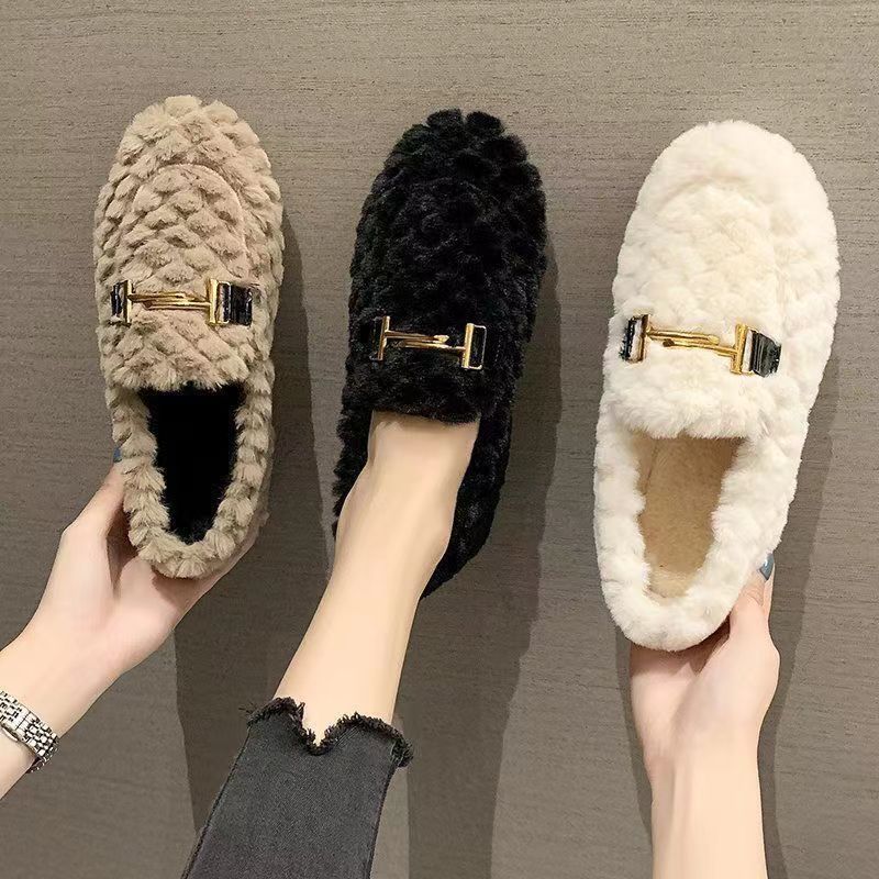 女鞋秋冬季网红外穿加绒平底保暖时尚休闲百搭加厚防滑韩版毛毛鞋